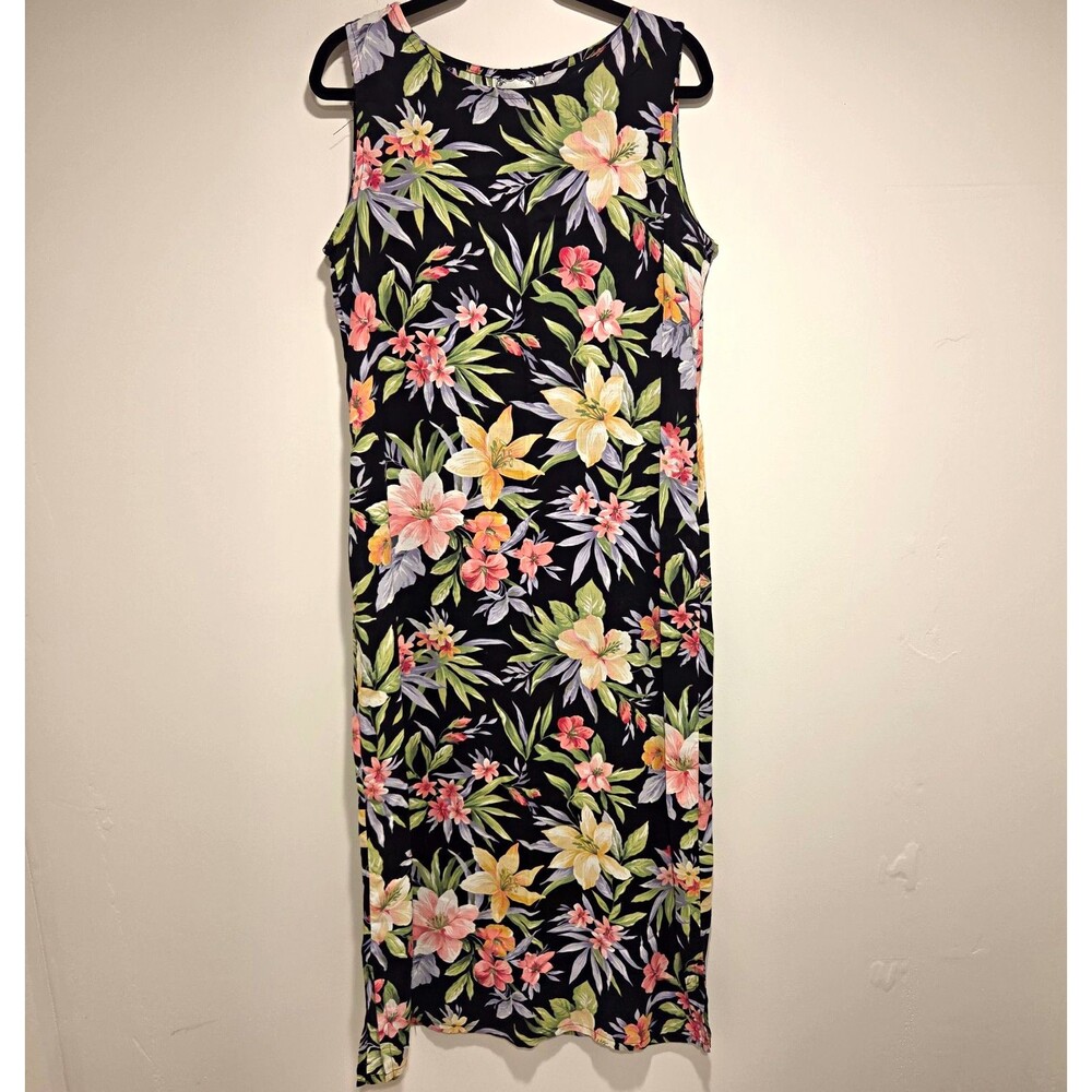 Vintage Floral Shift Dress L Black Sleeveless Midi Rayon Woven Pullover Tropical